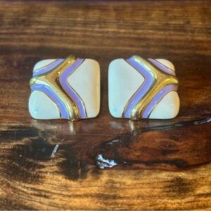 Vintage Monet Square Enamel Earrings White Purple Gold Design